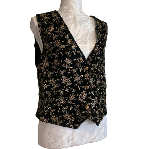 Vintage Velvet Vest Womens Sz Medium Green Gold Embroidered Victorian Romantic - Picture 3 of 16